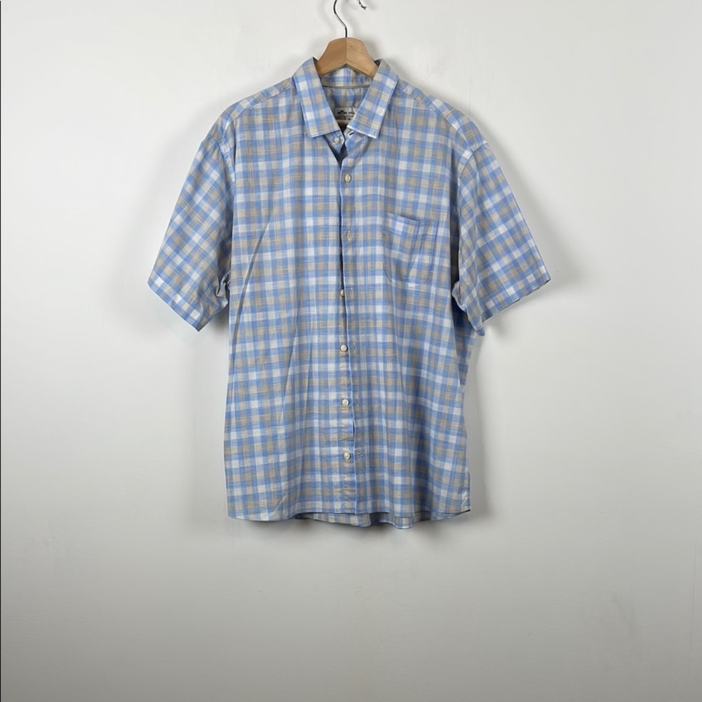 Peter Millar Button Down Short Sleeve Blue and White Checkered Men's XL Shirt